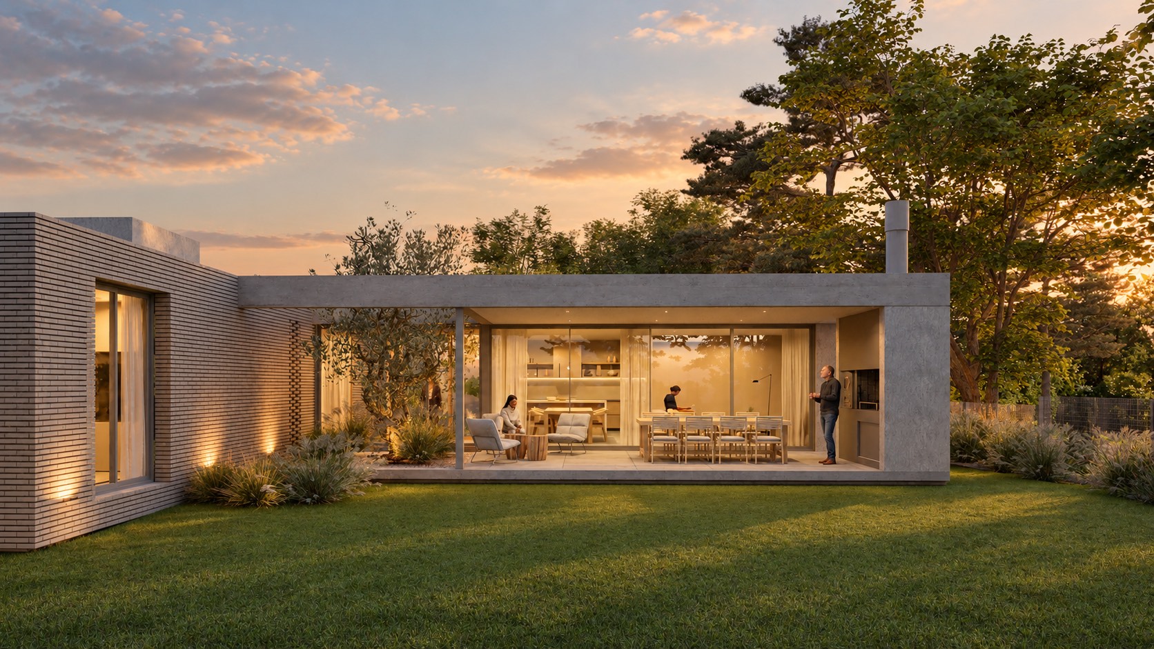 La casa al atardecer desde el jardín: la galería abierta de lado a lado, el interior iluminado y el césped por delante.